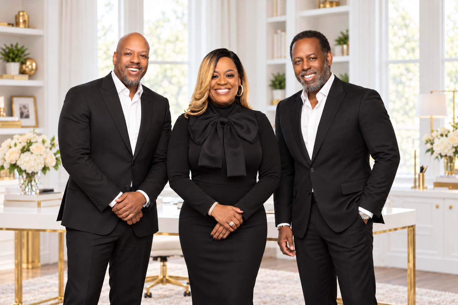 Three family members standing together in a bright home office, smiling