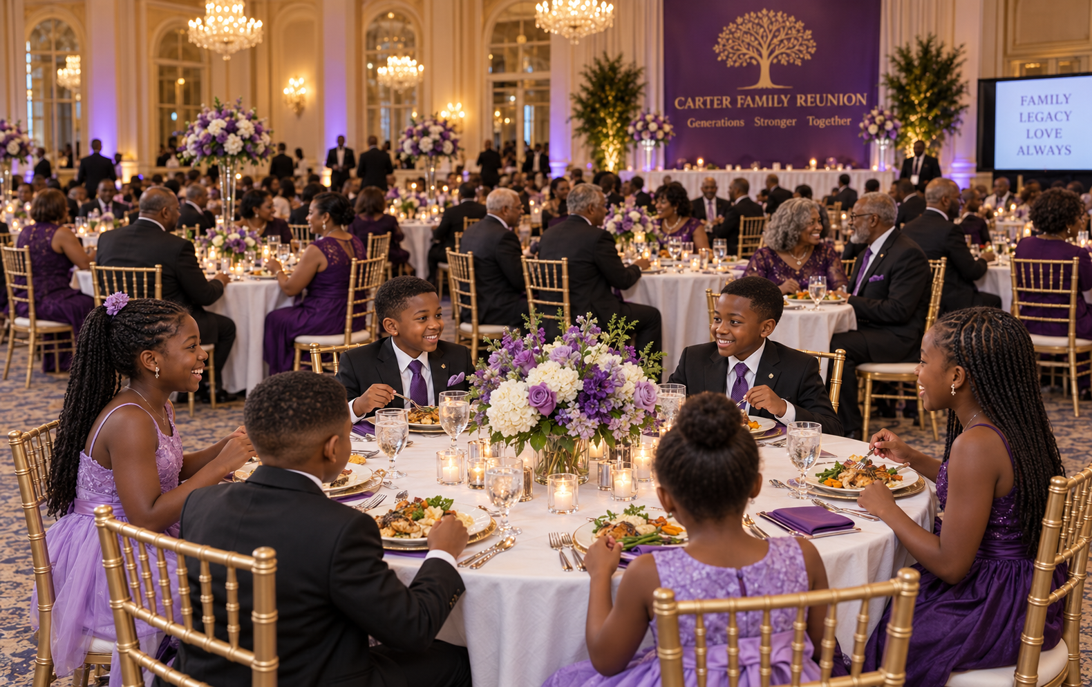 A large Black family reunion gala in a banquet hall, every round table full, men in black suits with purple ties and women in purple gowns, children seated with their plates
