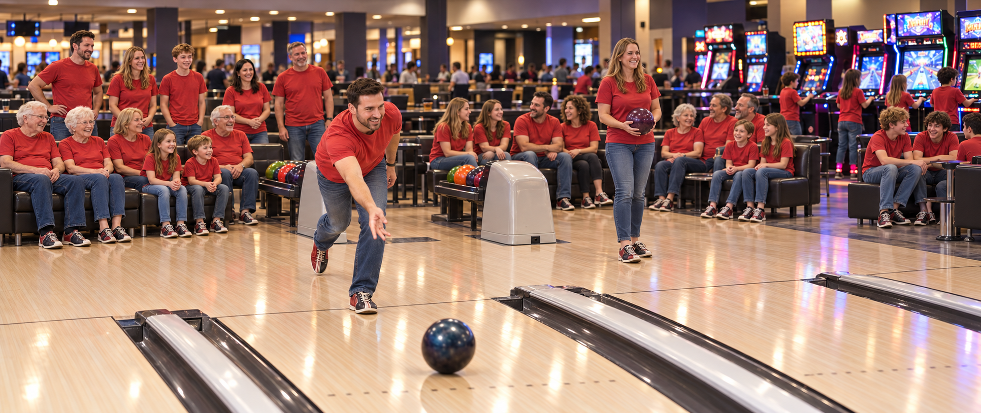 A large White family in matching red t-shirts and jeans at a bowling alley, a man releasing a ball down the lane while the family cheers from the lounge seating and children play the arcade games