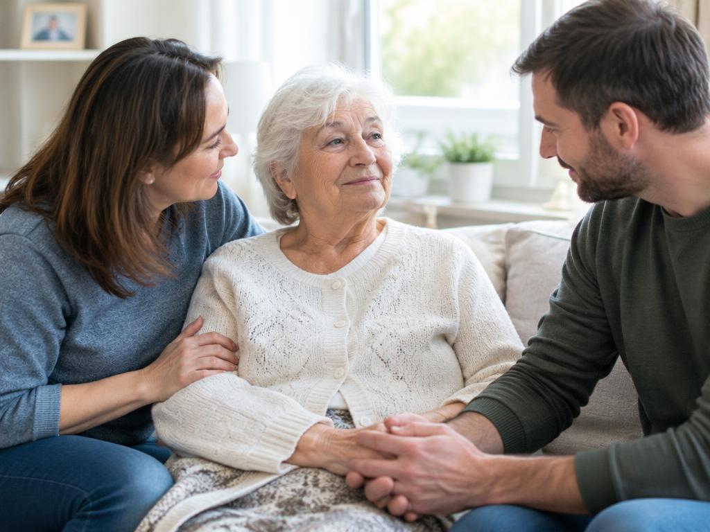 Two adult children gently holding their elderly mother's hands