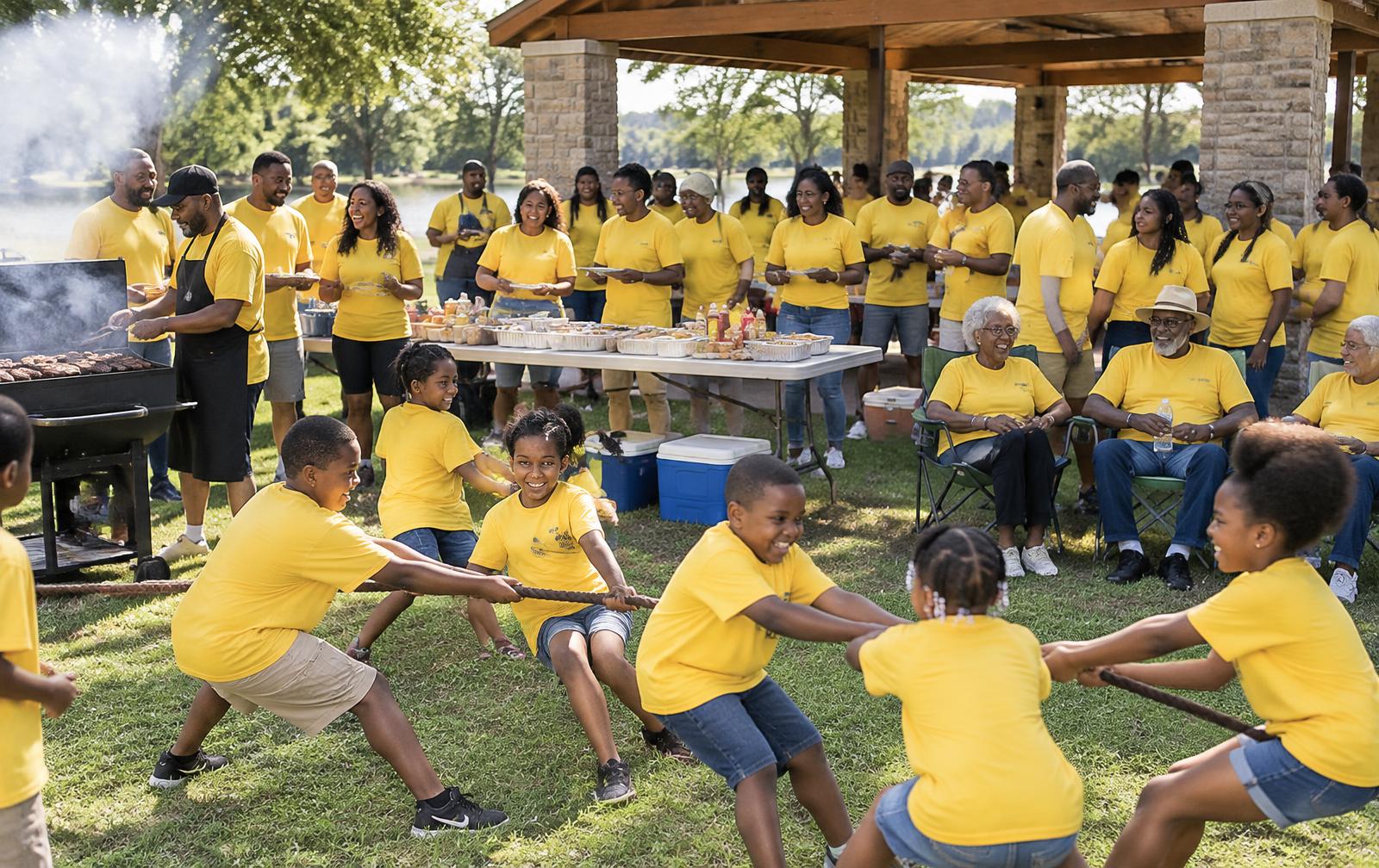 A large Black family in matching yellow t-shirts at a park cookout, kids playing tug-of-war and elders seated together