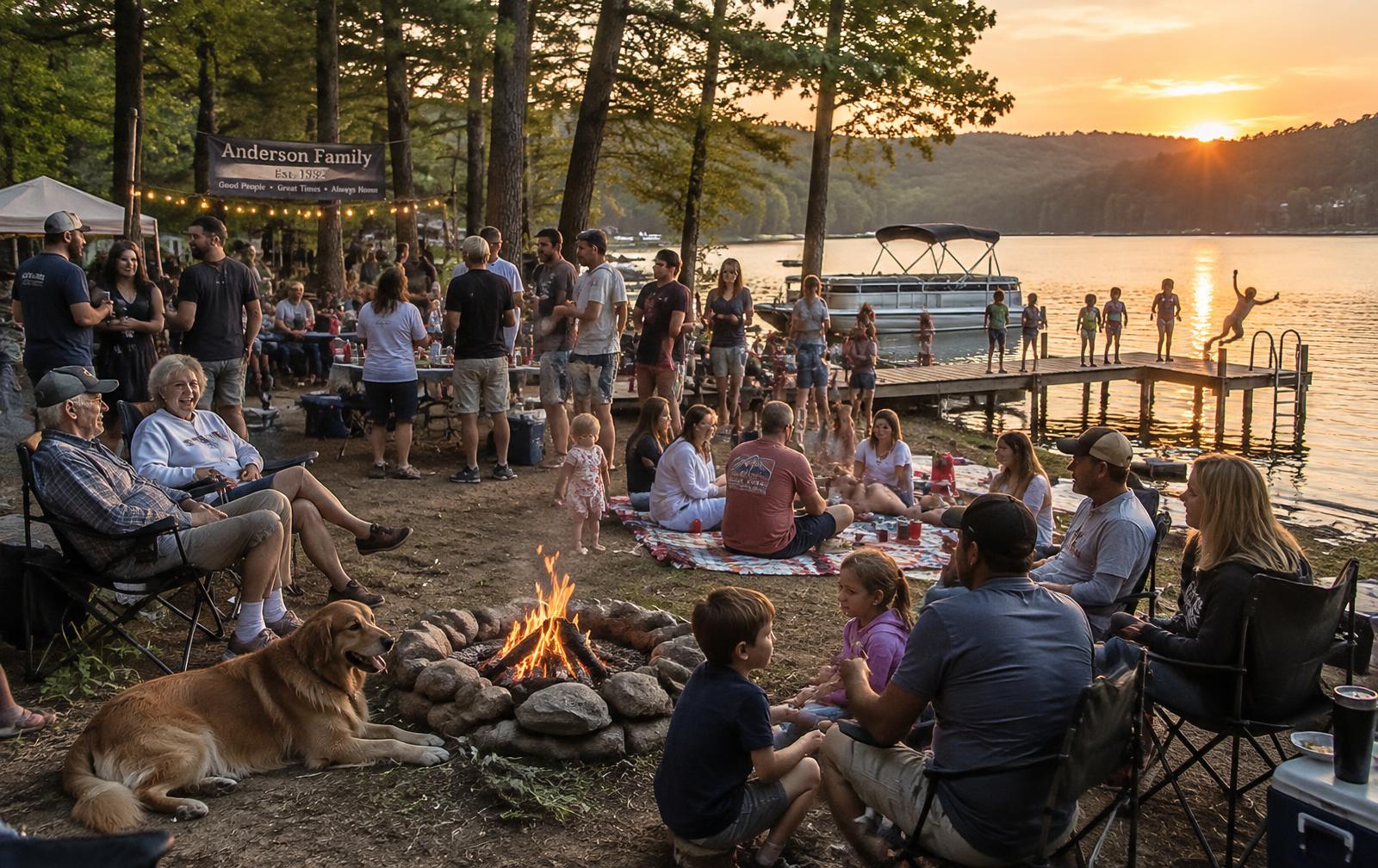 A large White family gathered at a lakeside campground at sunset around a campfire and dock